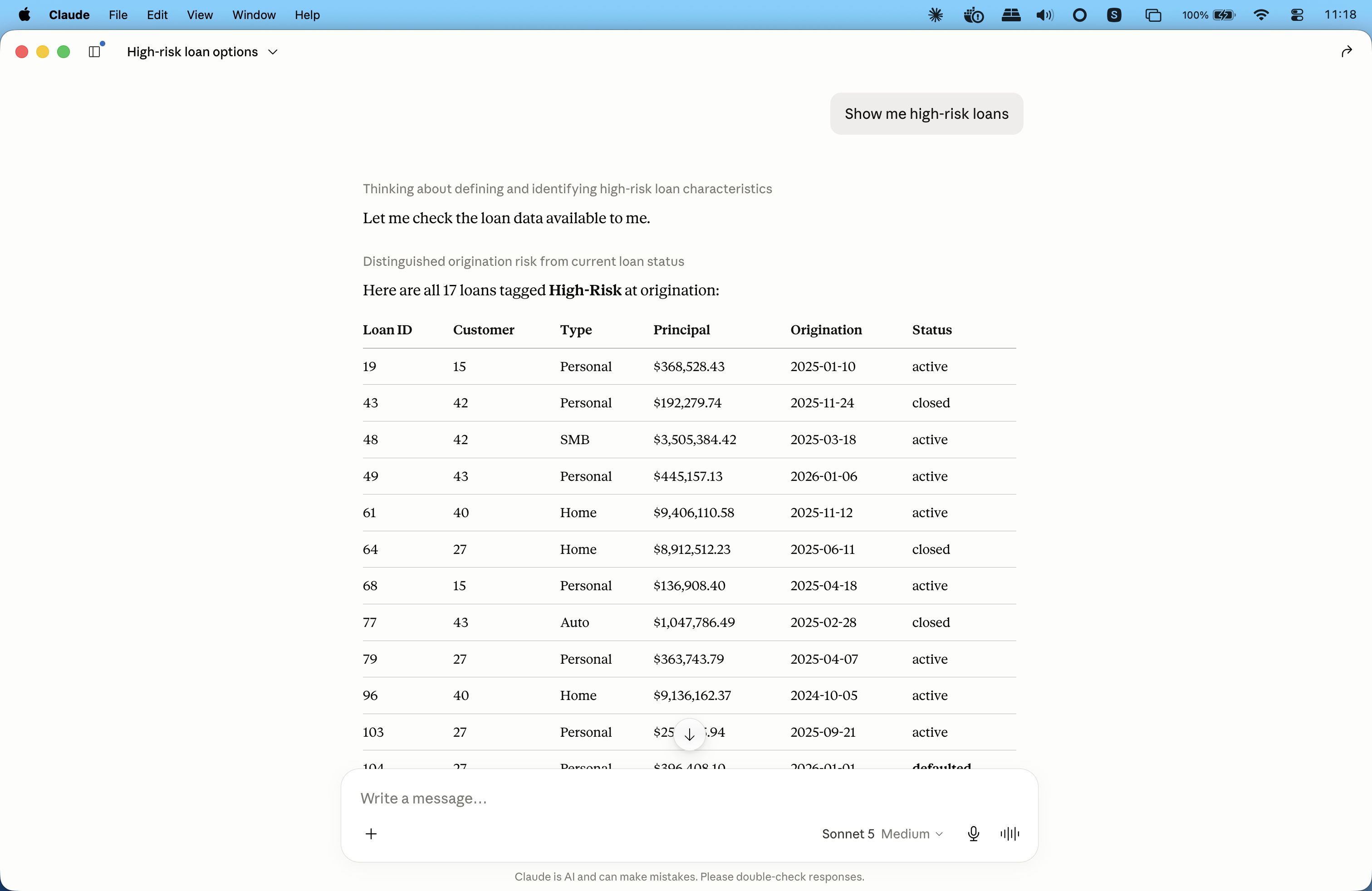 A desktop AI client answering a lending portfolio question through this MCP server