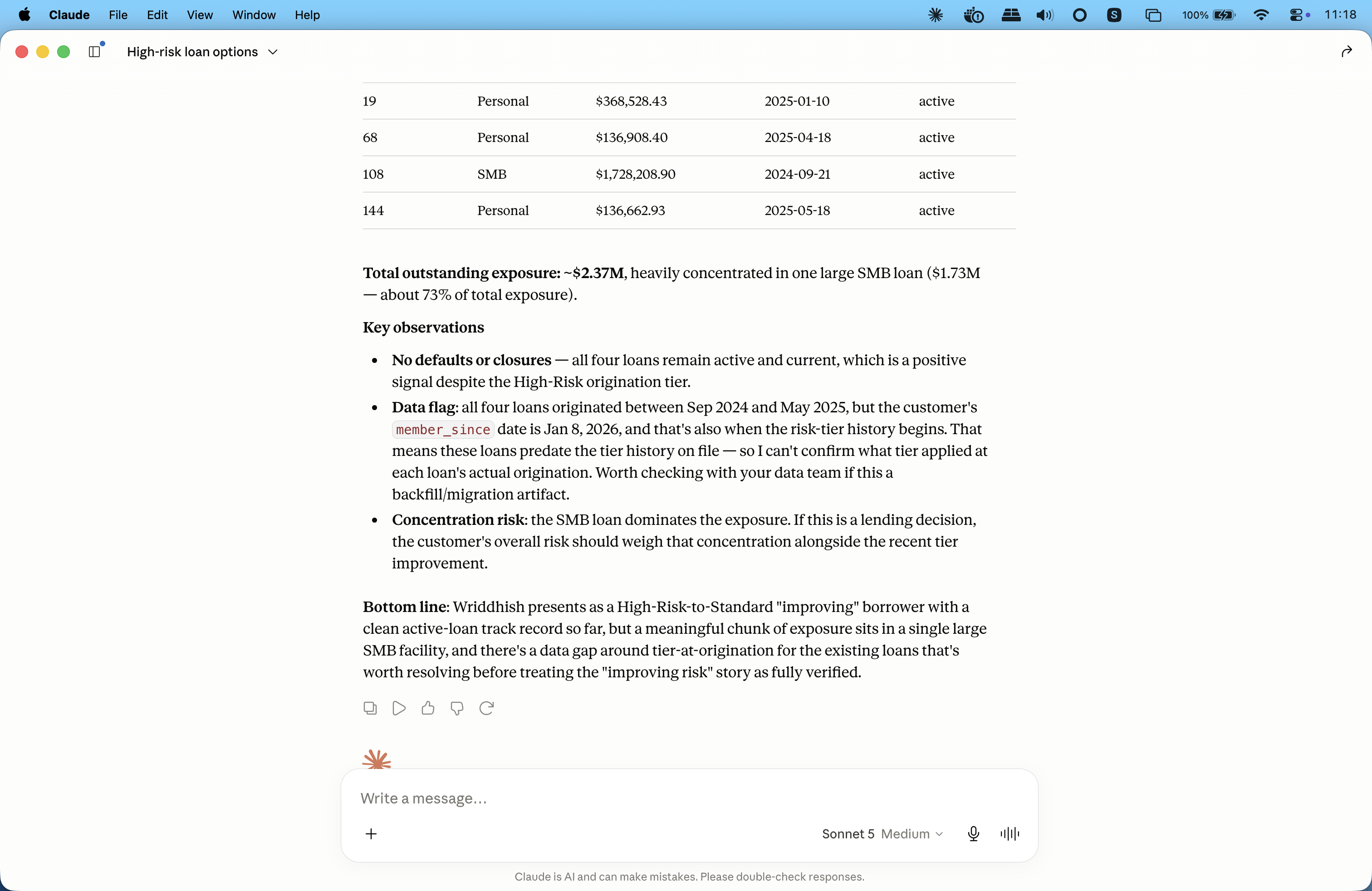 The risk-narrative Prompt output, including the agent flagging a data inconsistency between loan origination dates and the customer's tier history