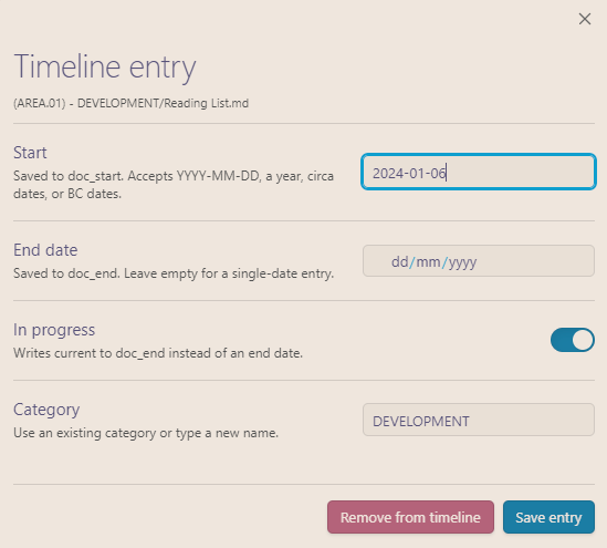 Timeline entry editor with date and category controls