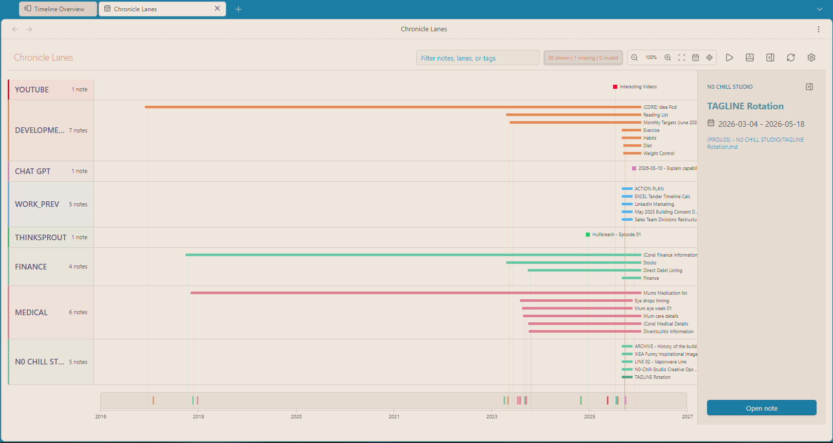Full Chronicle Lanes explorer with note inspector