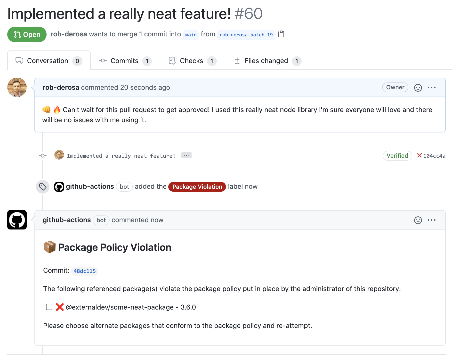 Pull request commented on due to violation