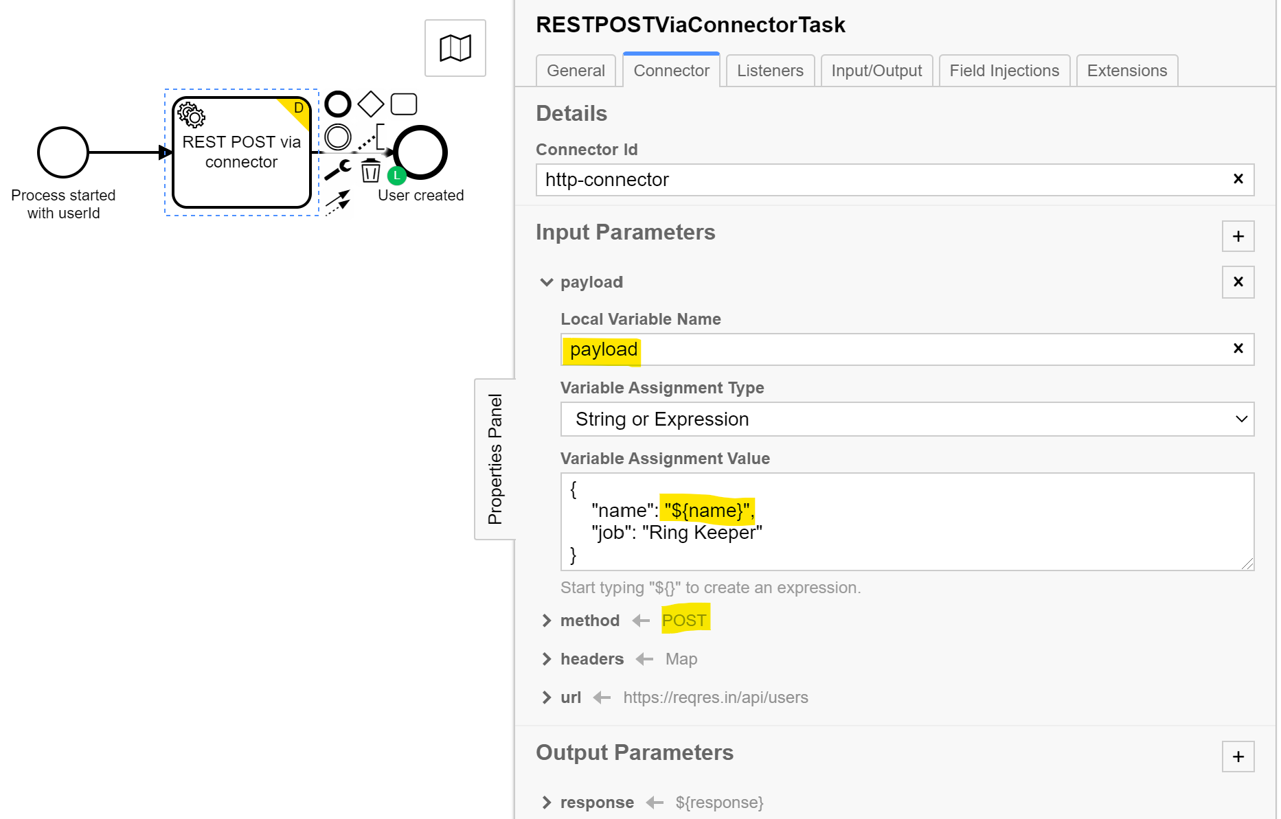 Connector configuration for POST in CAMUNDA Modeler