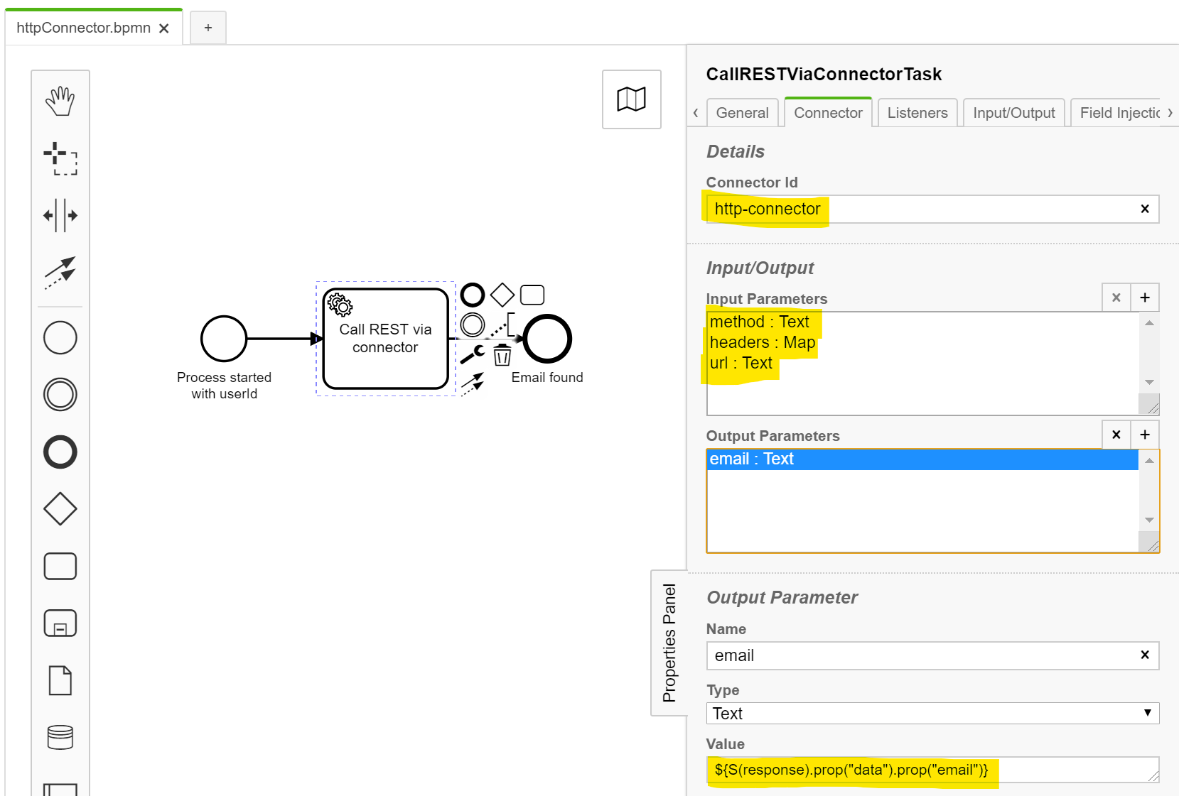 Connector configuration in CAMUNDA Modeler