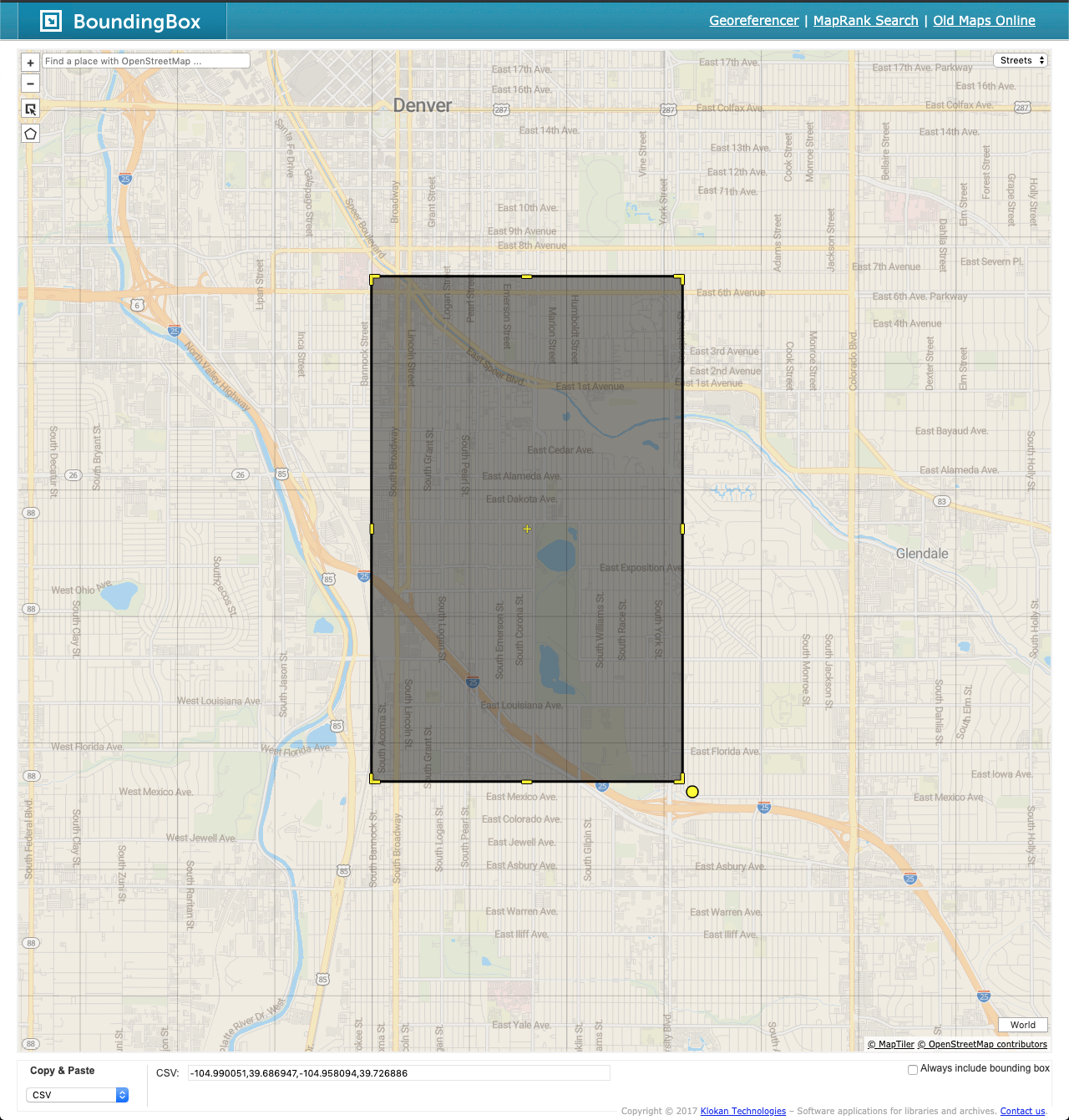 Example of a bounding box for the Speer, West Washington Park, and East Washington Park neighborhoods in Denver, Colorado.