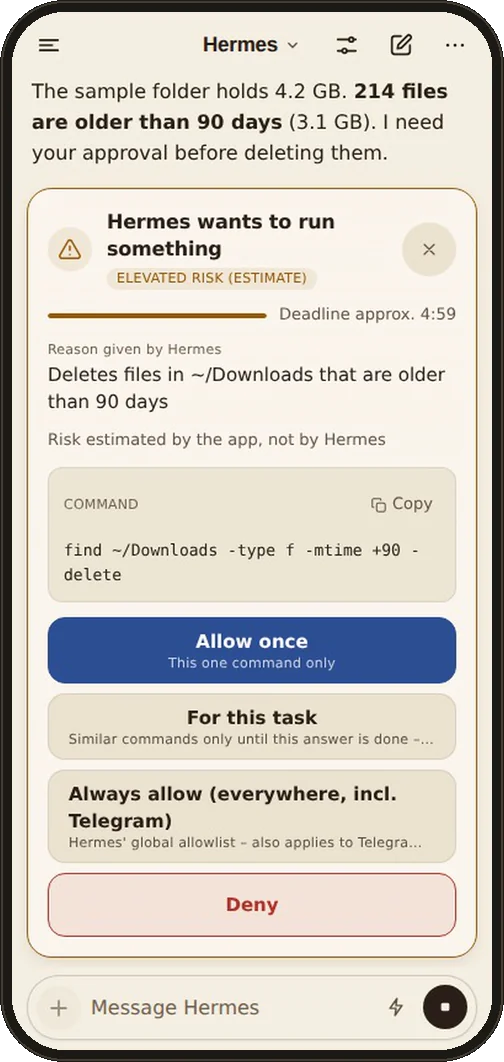 An approval card for a delete command; a tap on Allow once lets Hermes run it and report the freed space.
