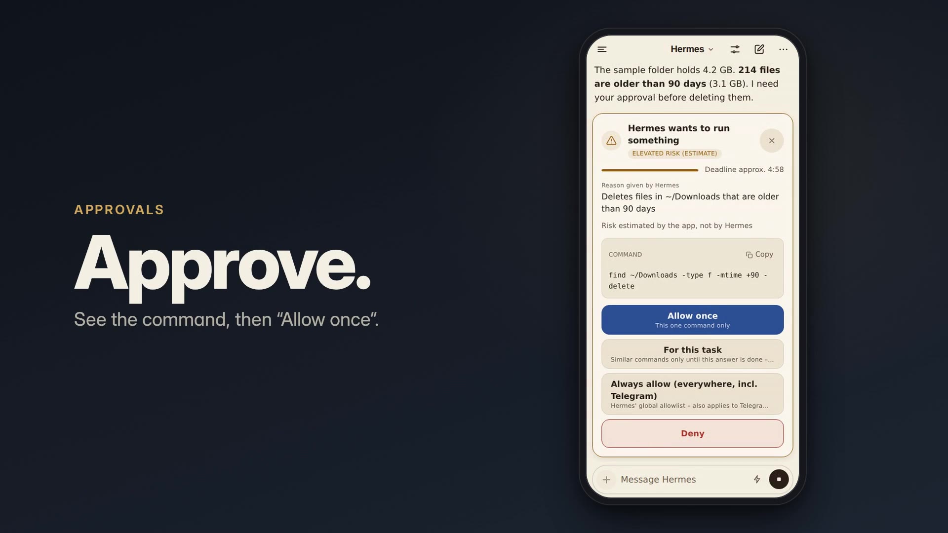 HUI+ on a phone next to the word "Approve.": an approval card shows the command, Hermes' reason and an estimated risk, with Allow once, For this task, Always allow and Deny. Opens hermesui.xyz with the trailer and more clips.