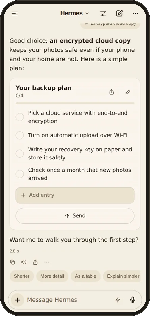 Two items of a backup plan checklist are ticked and move to Done; the progress bar goes to 2 of 4.