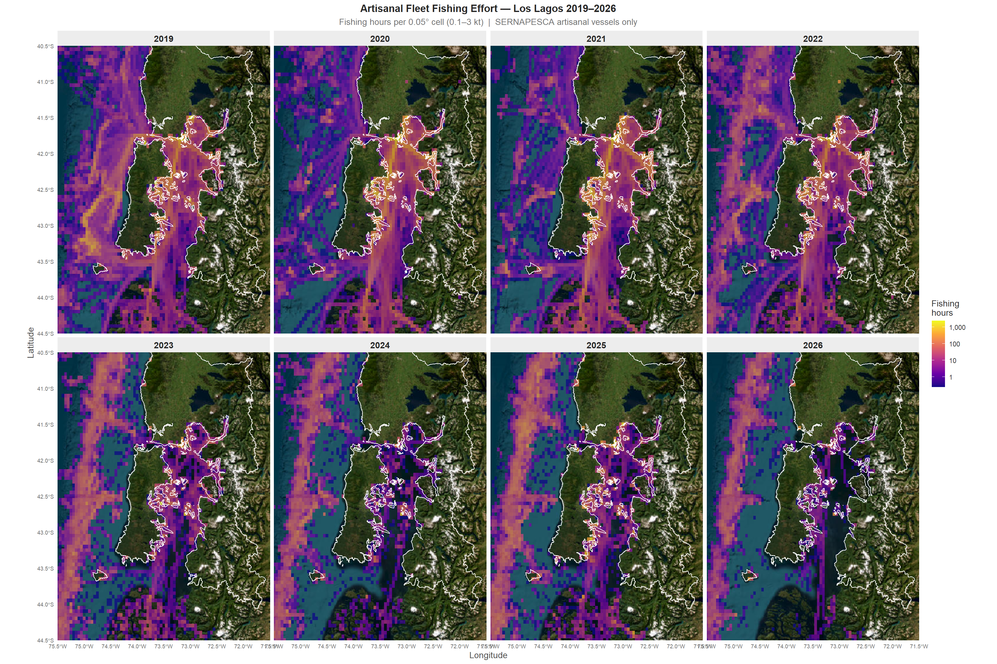 Fishing effort map for artisanal vessels in Los Lagos