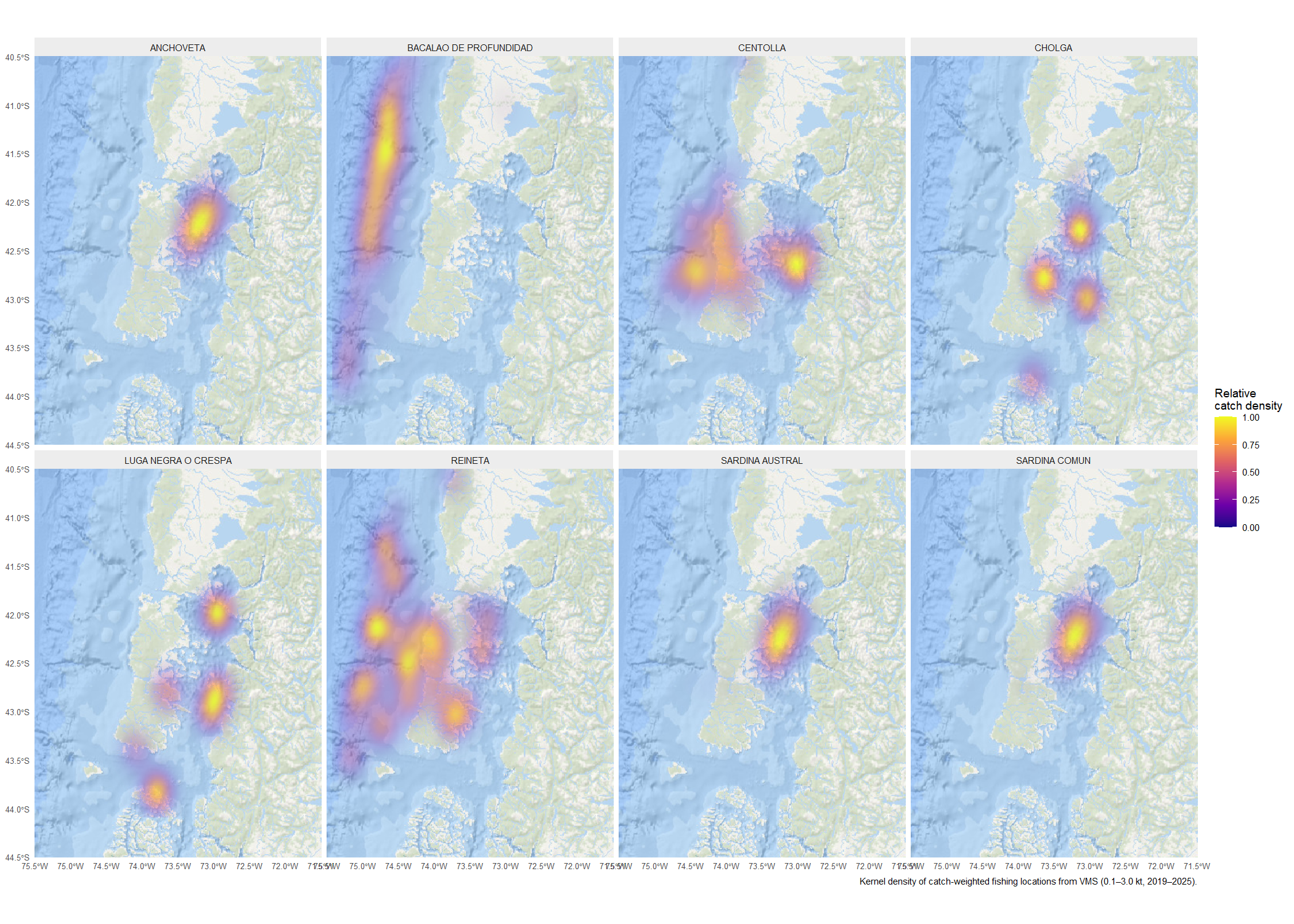 Species catch kernel density map for Los Lagos
