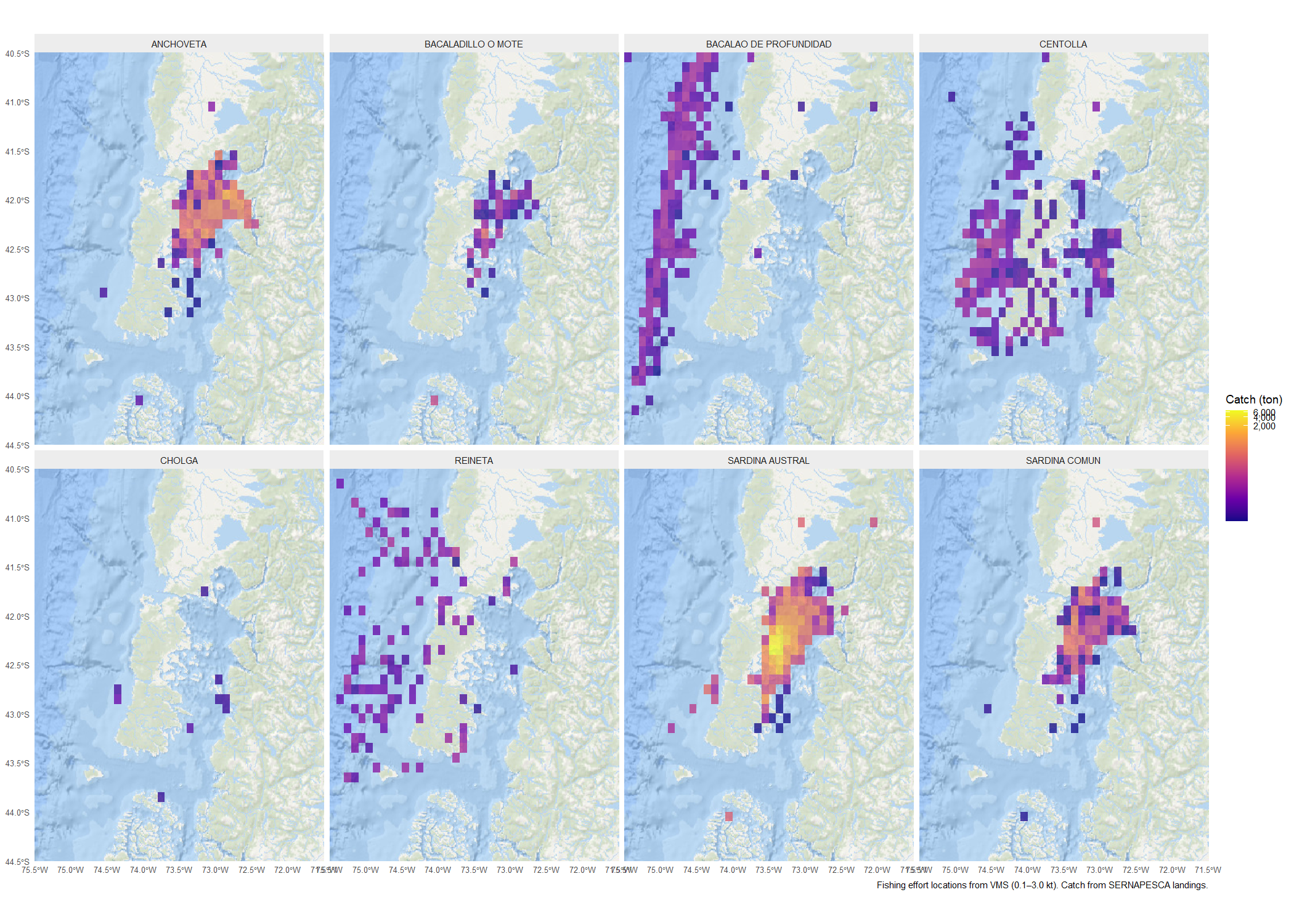 Species catch grid map for Los Lagos
