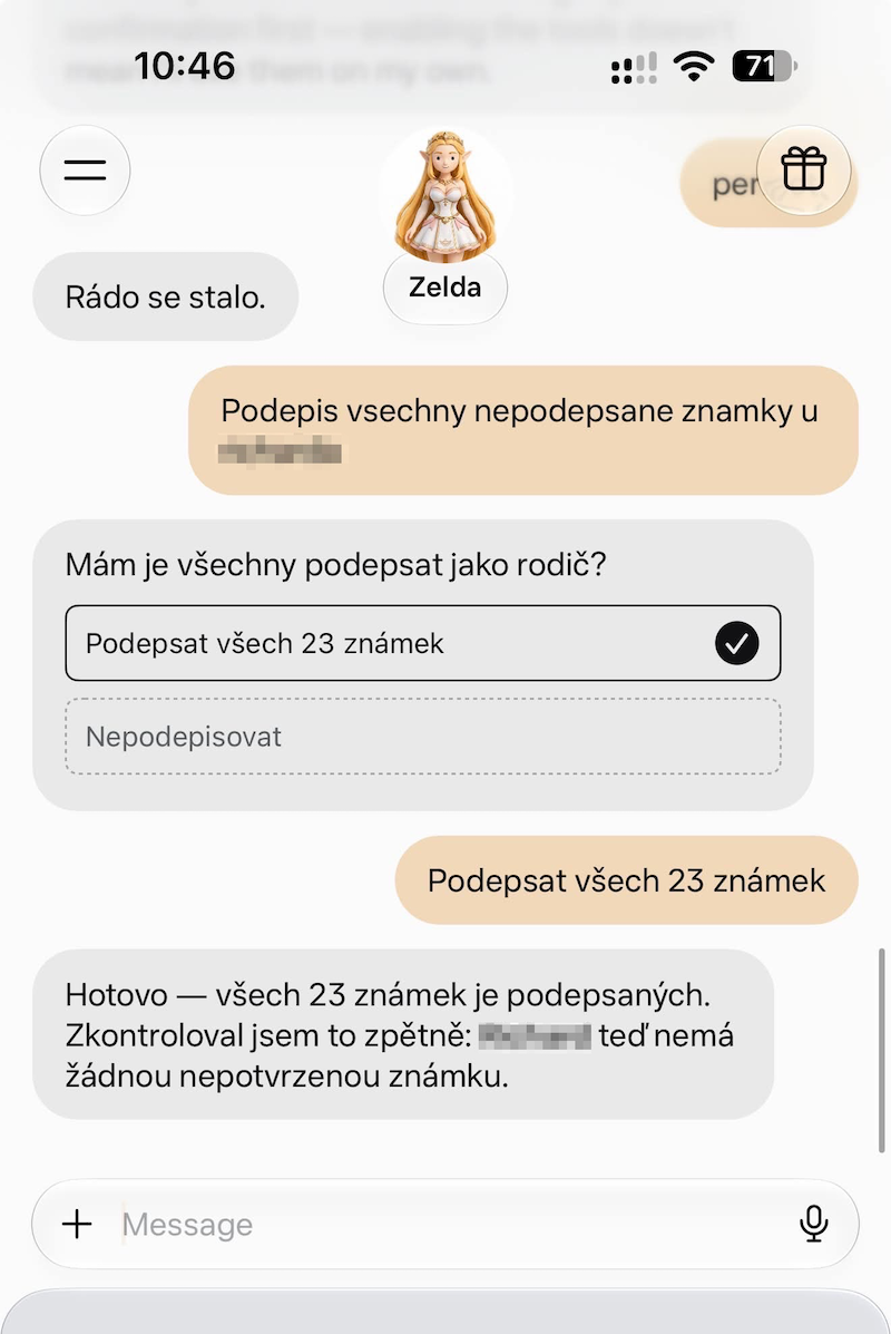 Czech conversation asking for approval to sign 23 marks, then checking that none remain unconfirmed