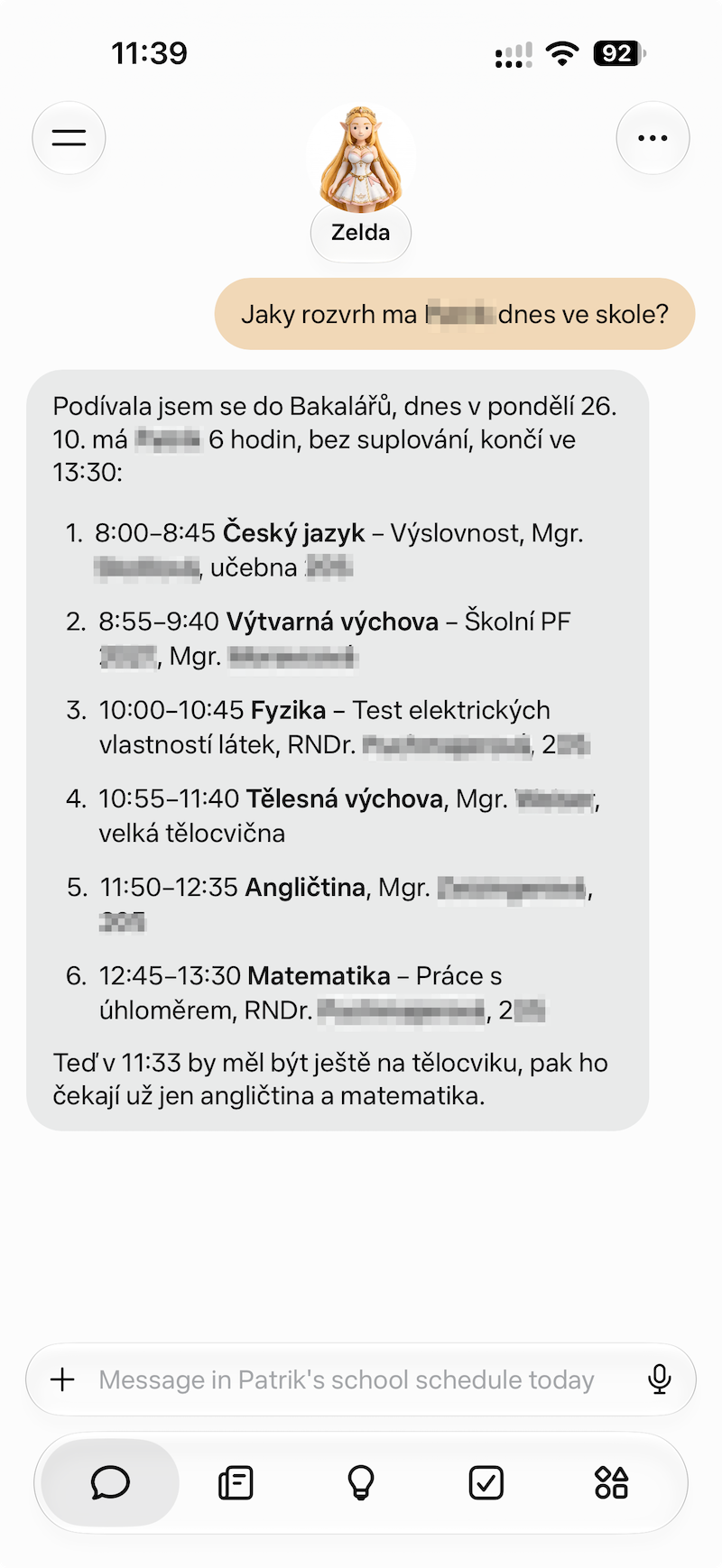 Czech conversation showing today's lessons, times and when school finishes