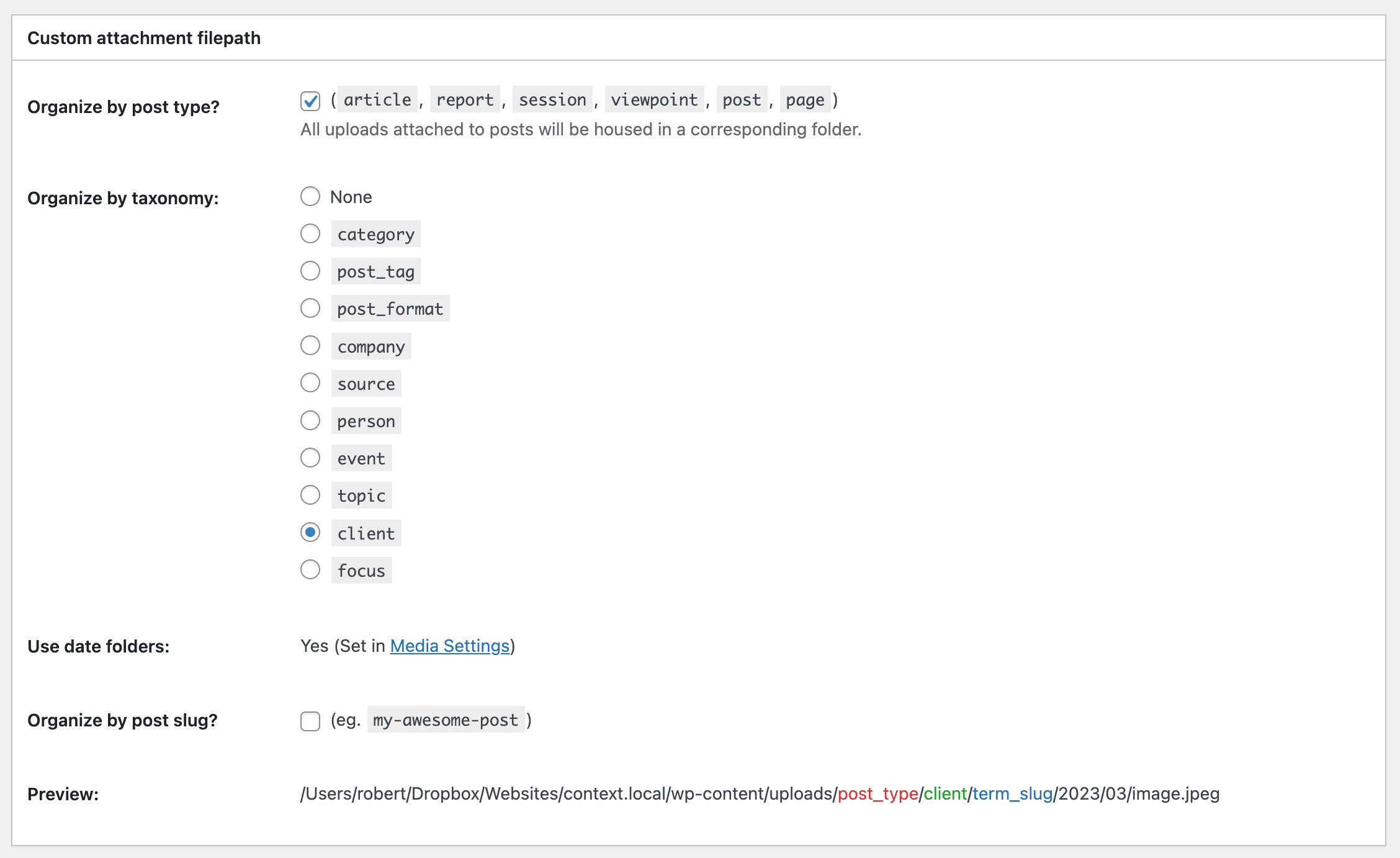 Custom attachment filepath