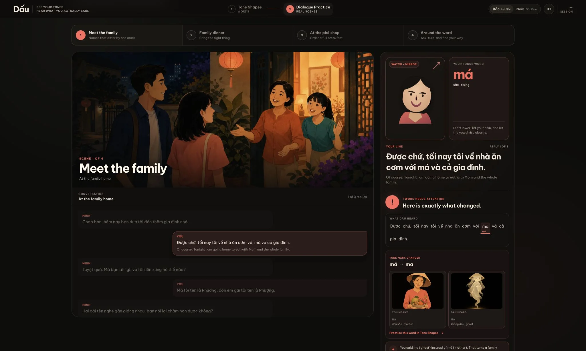 Dấu Dialogue Practice showing the linked Meet the family scene and a mother-to-ghost tone change