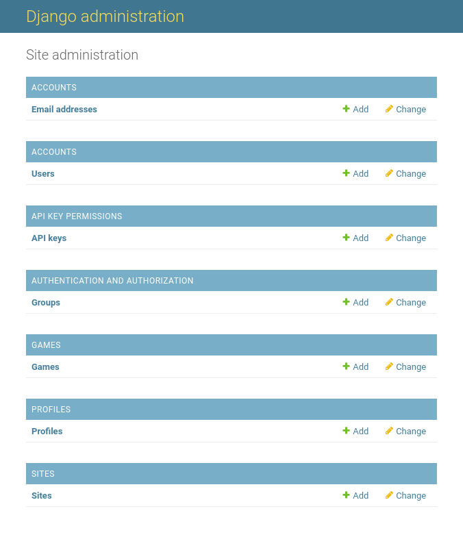 Screenshot of the Varcade Games admin interface