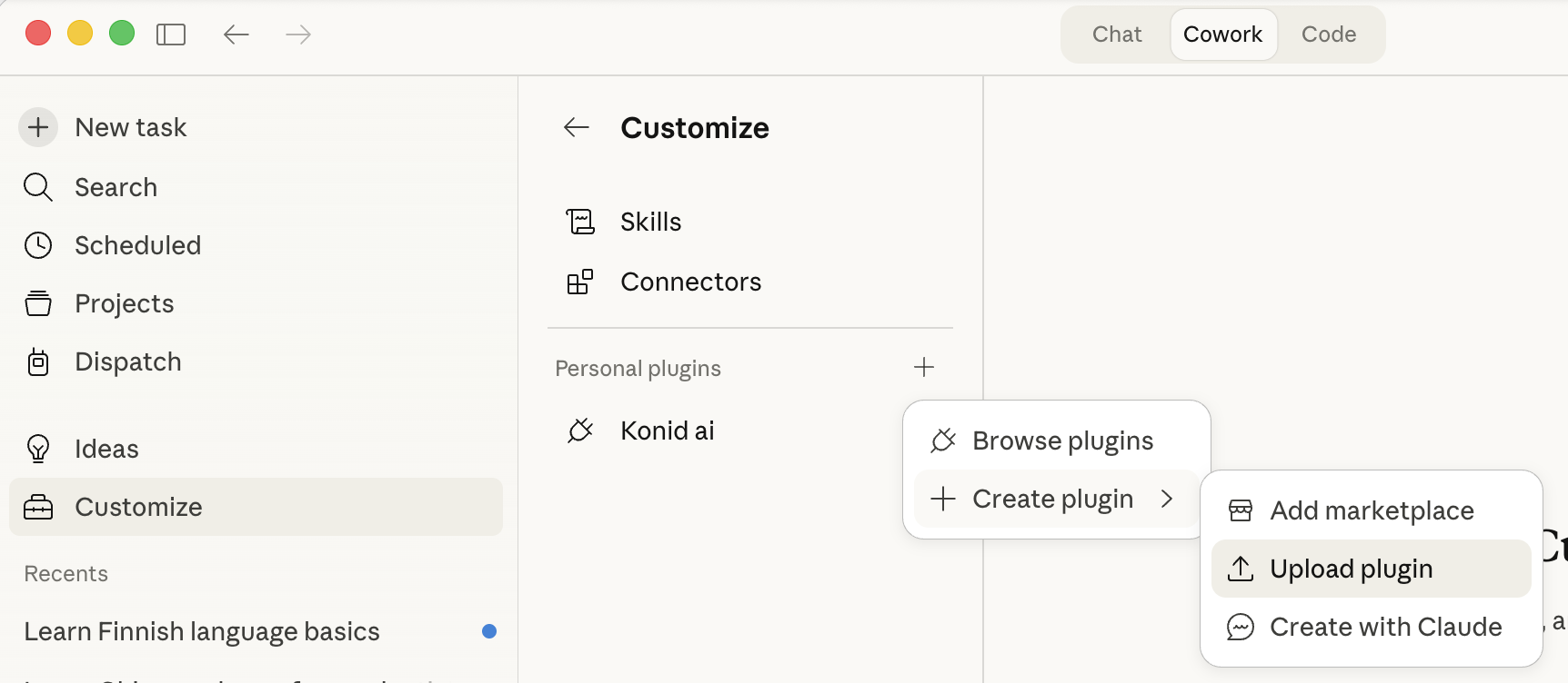 Cowork: Customize > + > Upload plugin