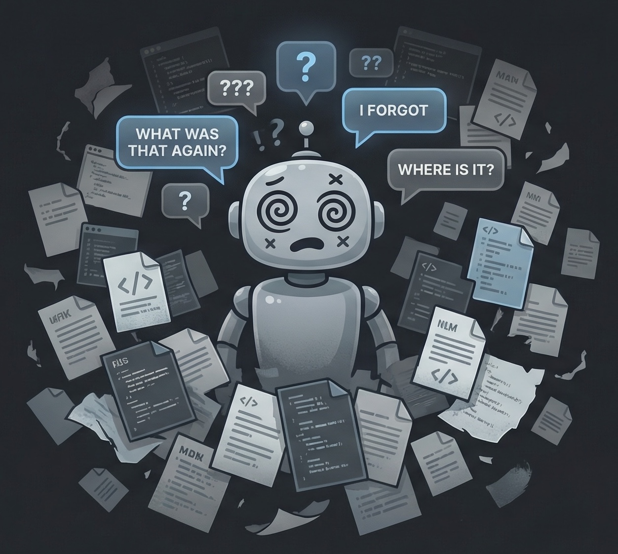 Forgetful agent surrounded by scattered documents