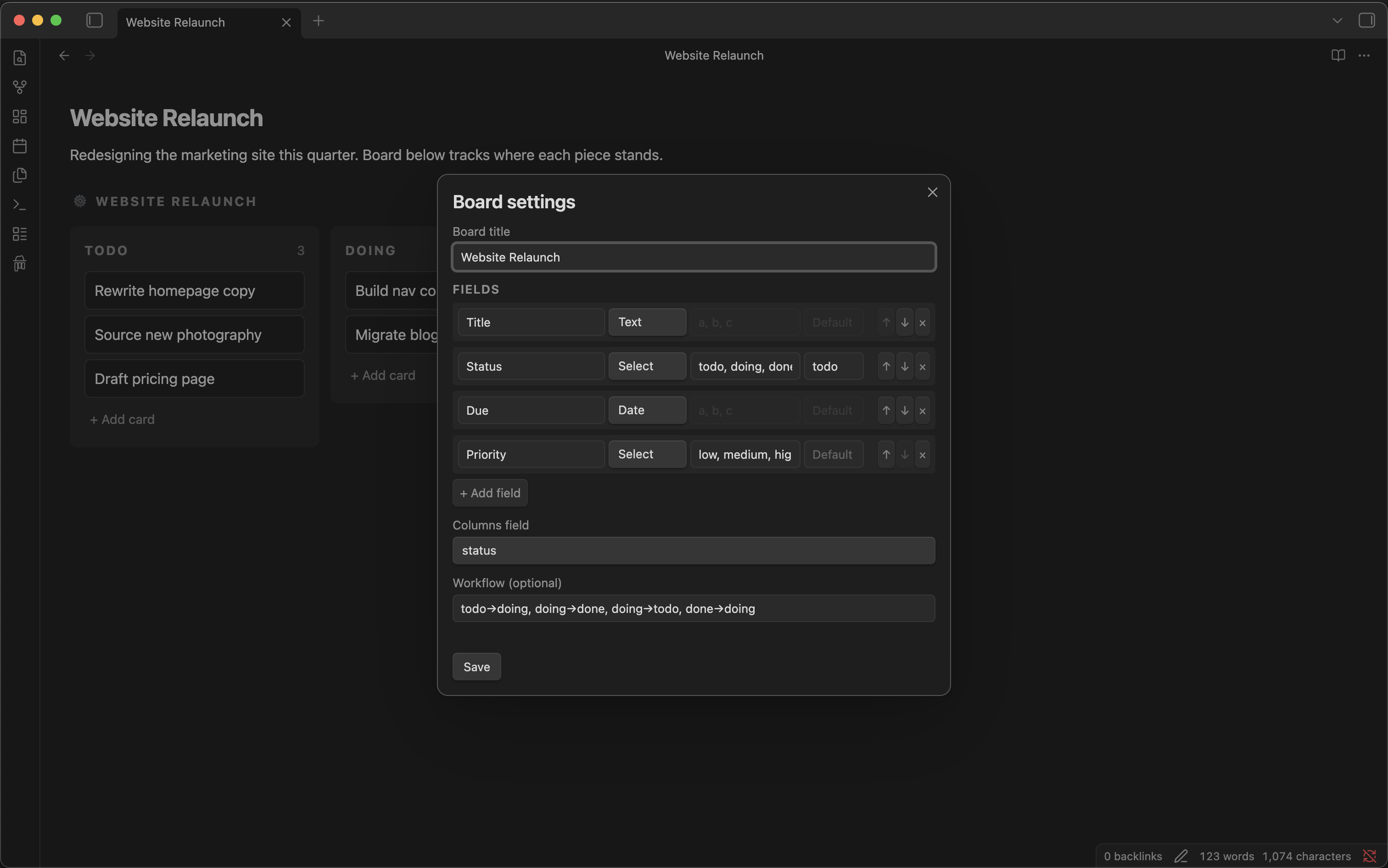 Fancy Kanban board settings dialog