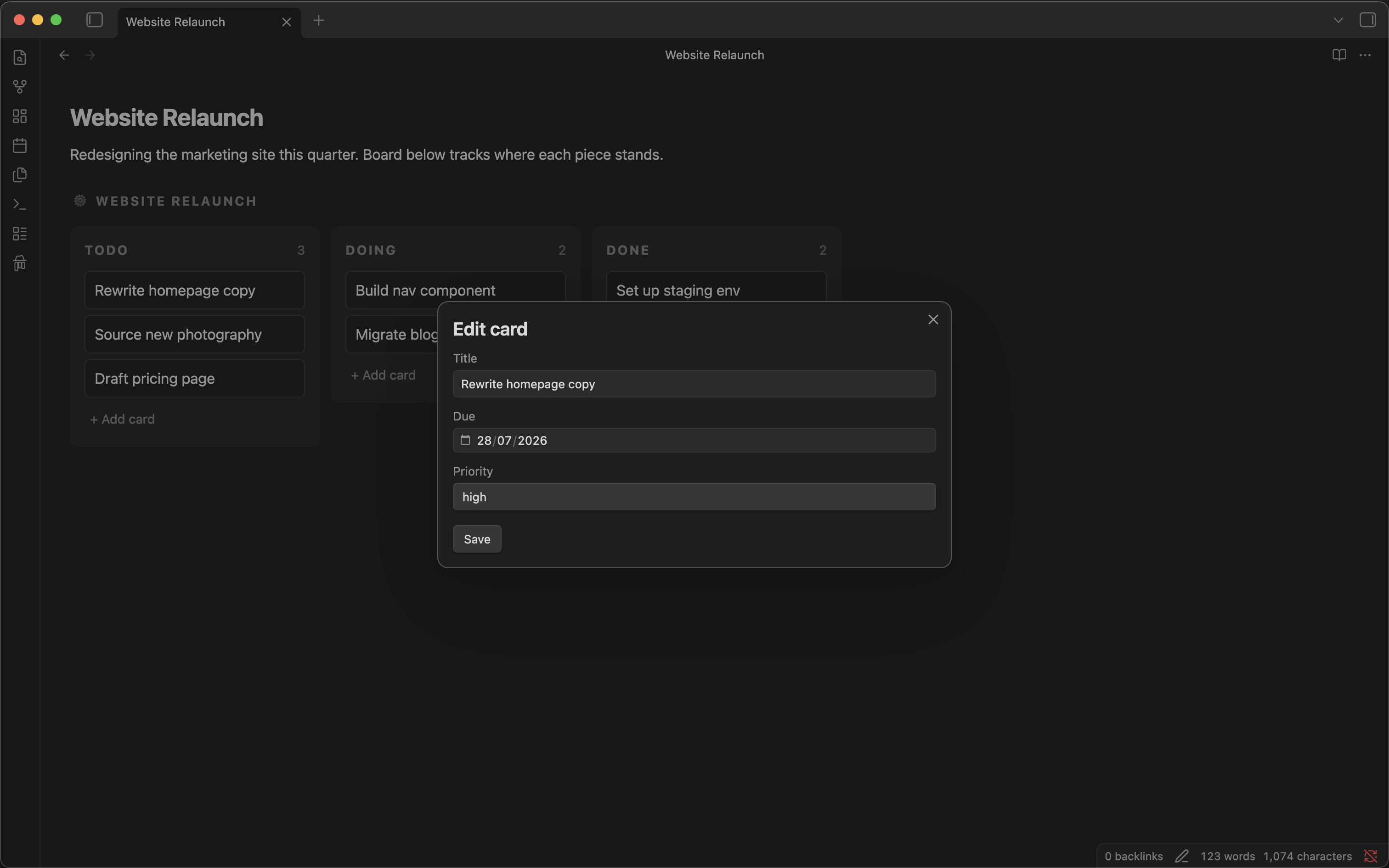 Modal Dialog to edit a card