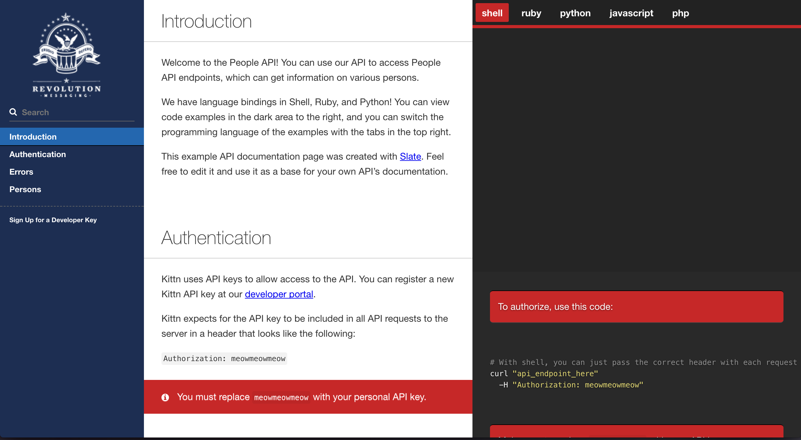 Screenshot of Example Documentation created with Slate