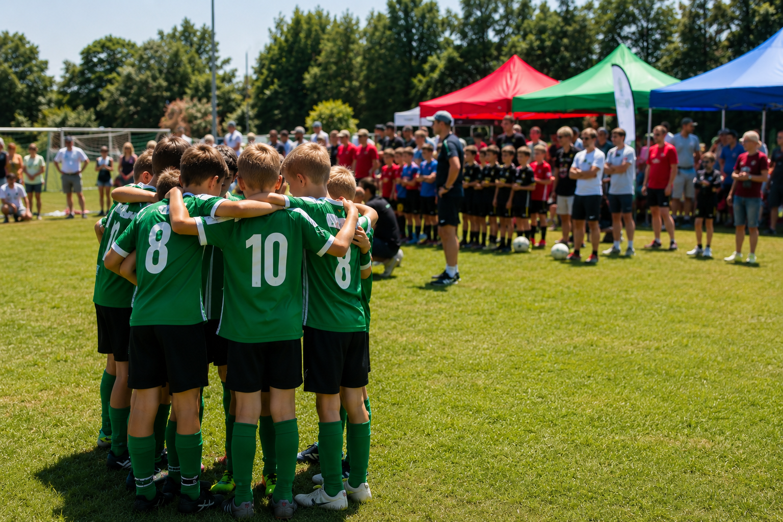 Jugendmannschaft bei einem Sommerturnier im Fußball: Kinder stehen vor dem Spiel im Teamkreis auf dem Rasen, während Eltern, Trainer und Zuschauer das Turnier bei sonnigem Wetter verfolgen.