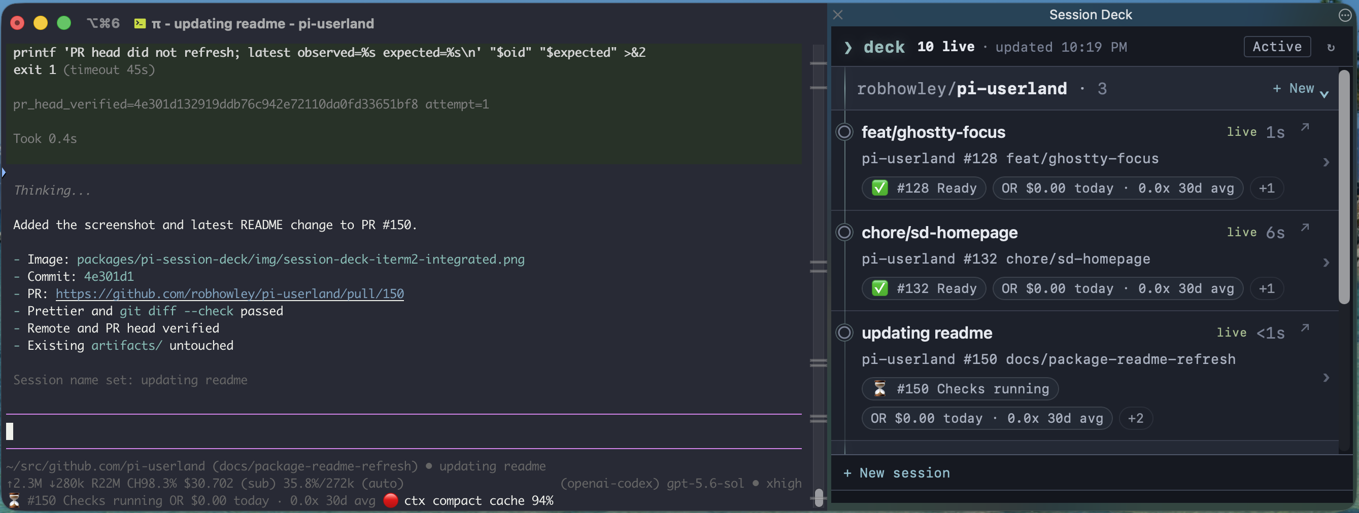 Session Deck running as an iTerm2 Toolbelt beside an active Pi terminal session