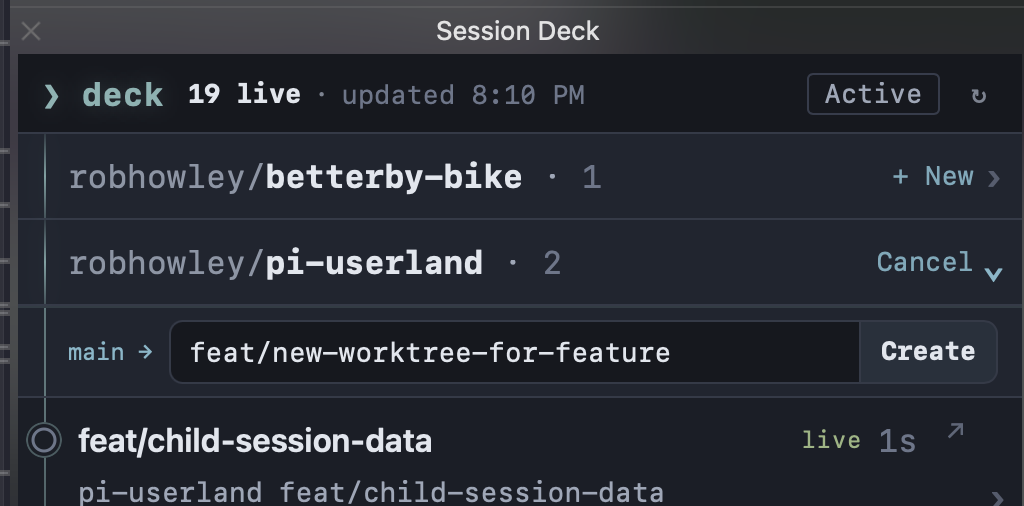 Session Deck iTerm2 Toolbelt branch composer for launching a new Pi agent on a worktree