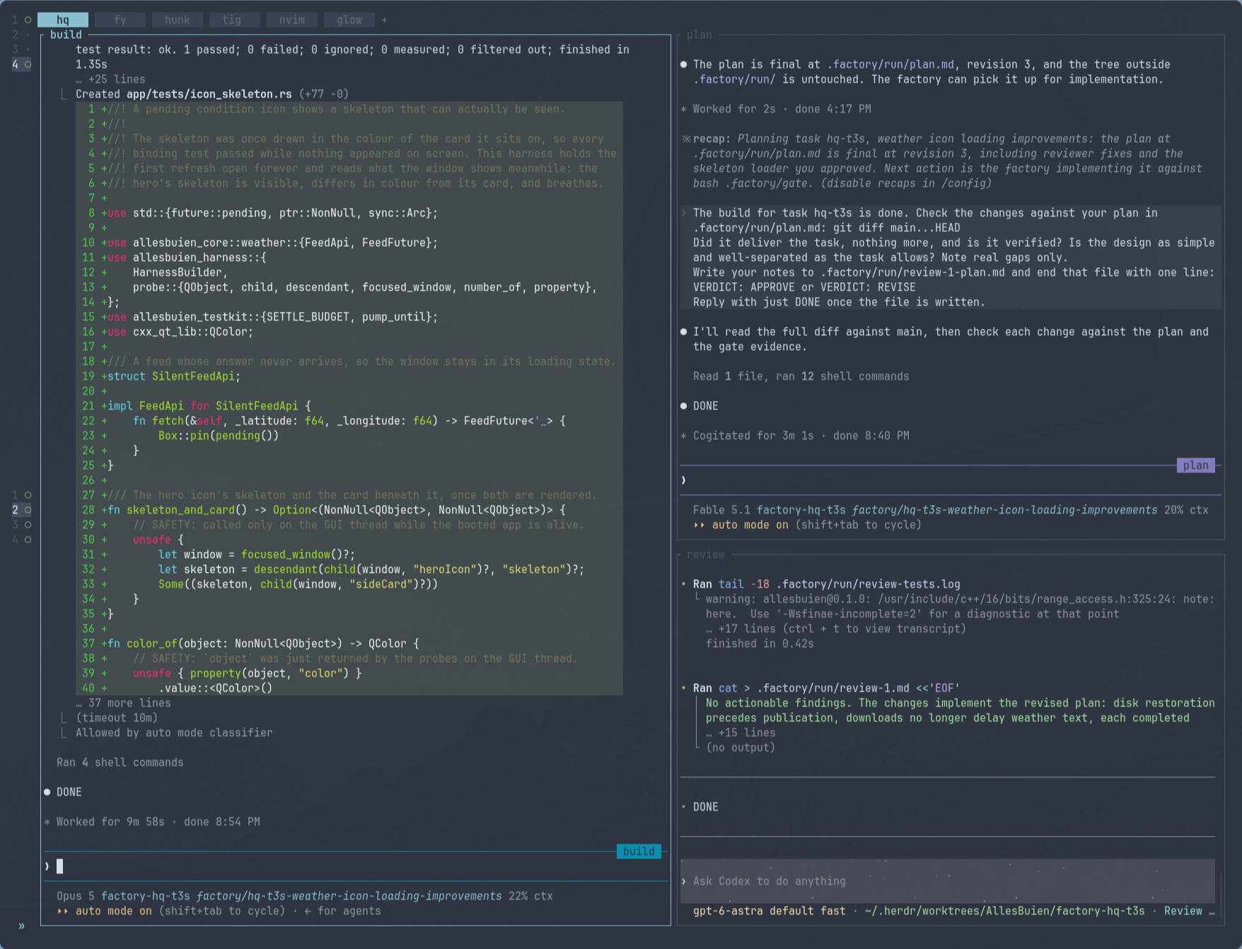 A Herdr workspace during the dual code review: the builder (Opus 5, left, cyan prompt line) has finished and shows its diff; the planner (Fable 5.1, top right) has checked the branch against its plan, Factory's prompt with the verdict-line contract visible above its answer; the Codex reviewer (GPT 6 Astra, bottom right) has written its review