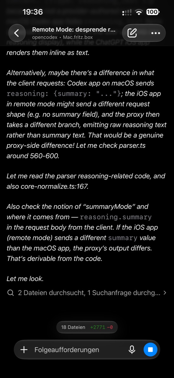 ChatGPT app in Remote Mode rendering the routed model's raw chain of thought