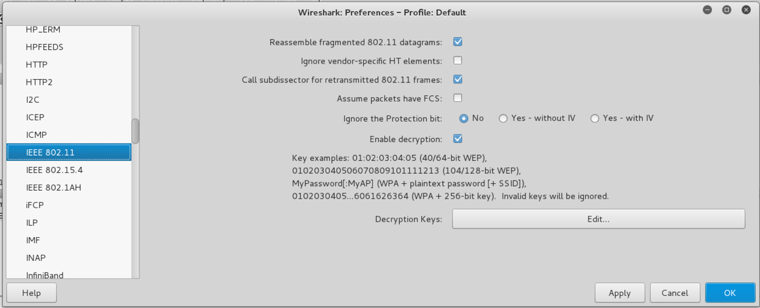 Configuration des options 802.11 dans Wireshark