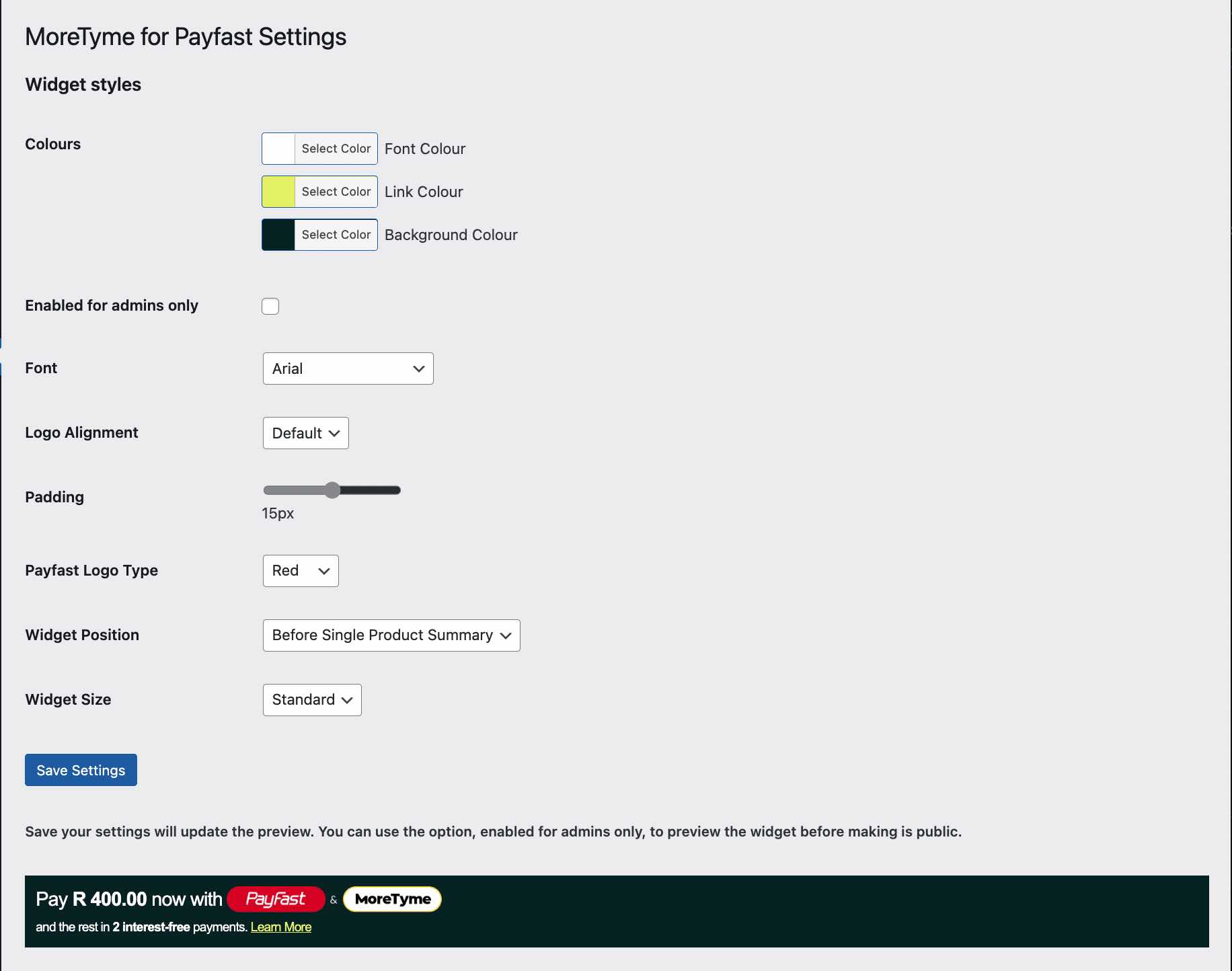Default Settings page.