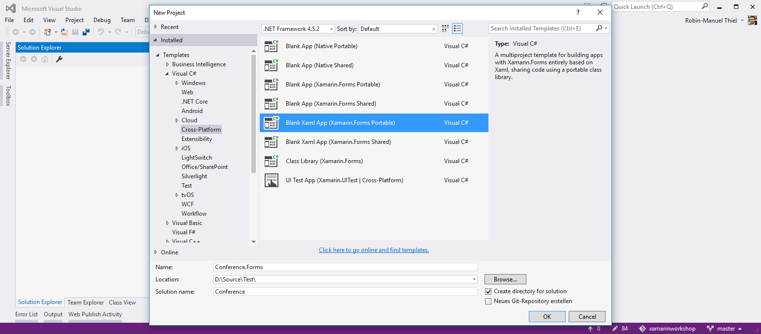 New Xamarin.Forms project in Visual Studio Screenshot