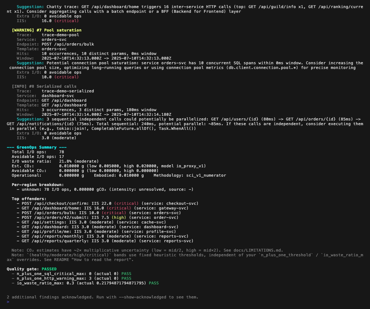 analyze with two findings acked via TOML, footer hint and PASSED gate
