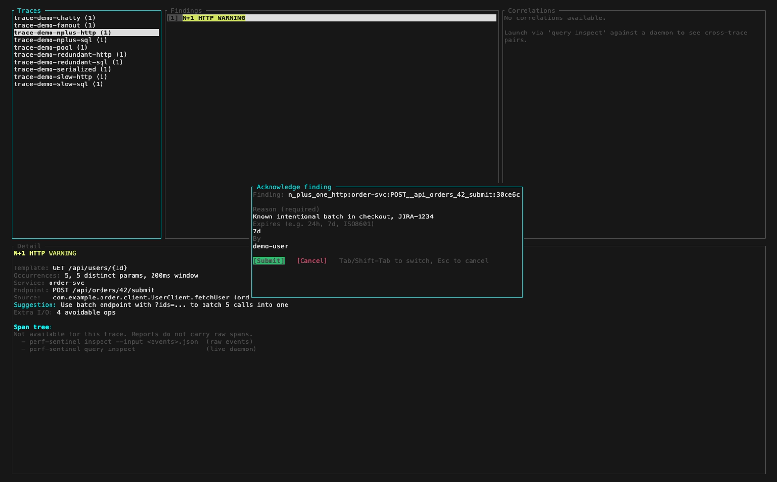 query inspect TUI: ack modal filled with reason, expires and by, ready to submit