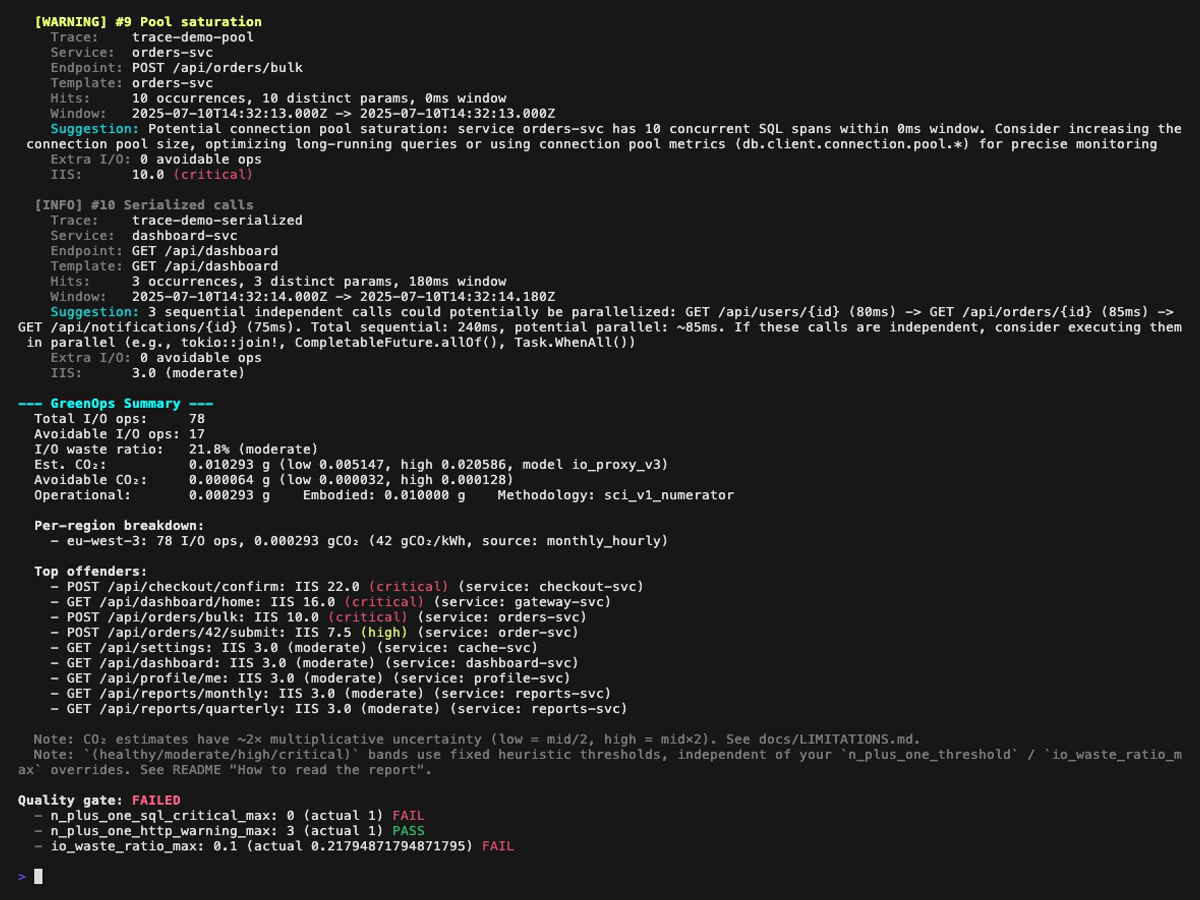 page 4 : appels sérialisés, résumé GreenOps, quality gate