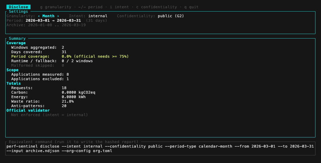 disclose preview, month view: settings header, aggregated summary, equivalent command