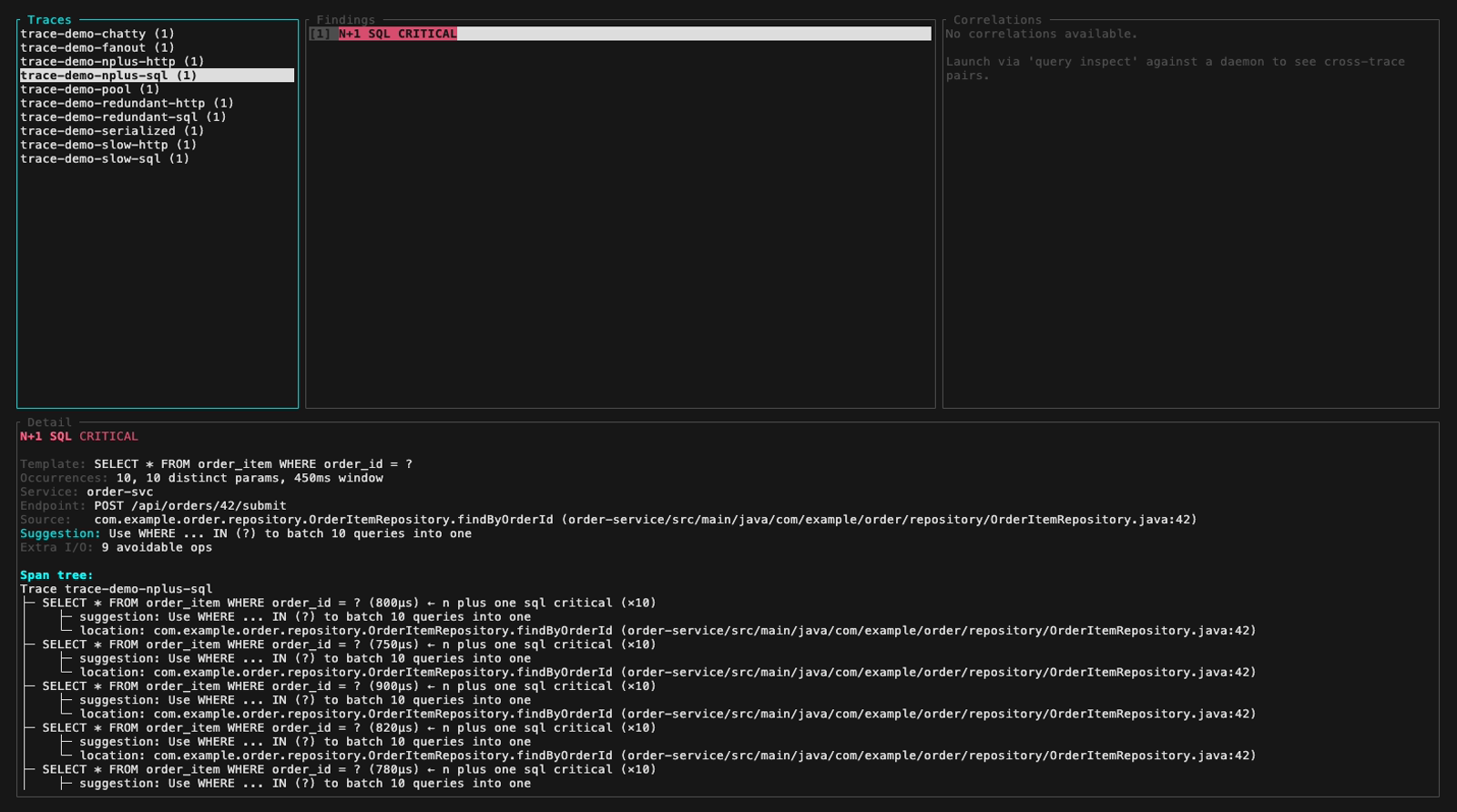 TUI inspect, N+1 SQL critical (rouge) : 10 occurrences, suggestion de batch