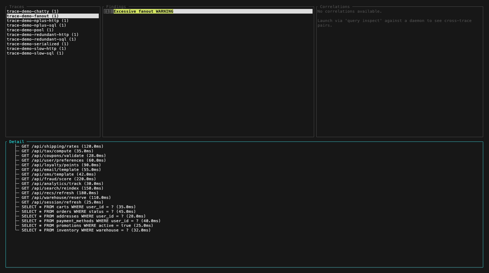 TUI inspect, panneau détail scrollé : moitié basse de l'arbre fanout