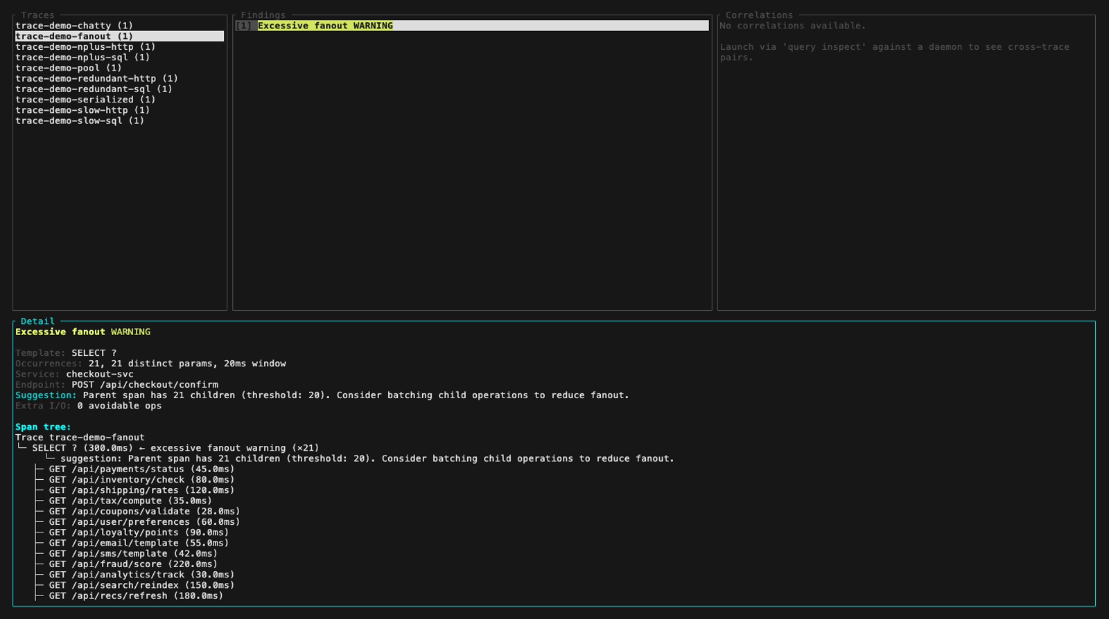 TUI inspect, panneau détail actif : haut de l'arbre de spans fanout excessif