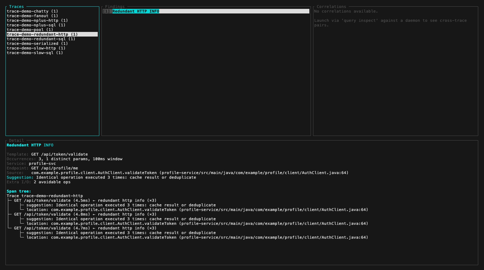TUI inspect, HTTP redondant info (cyan) : 3 validations de token identiques