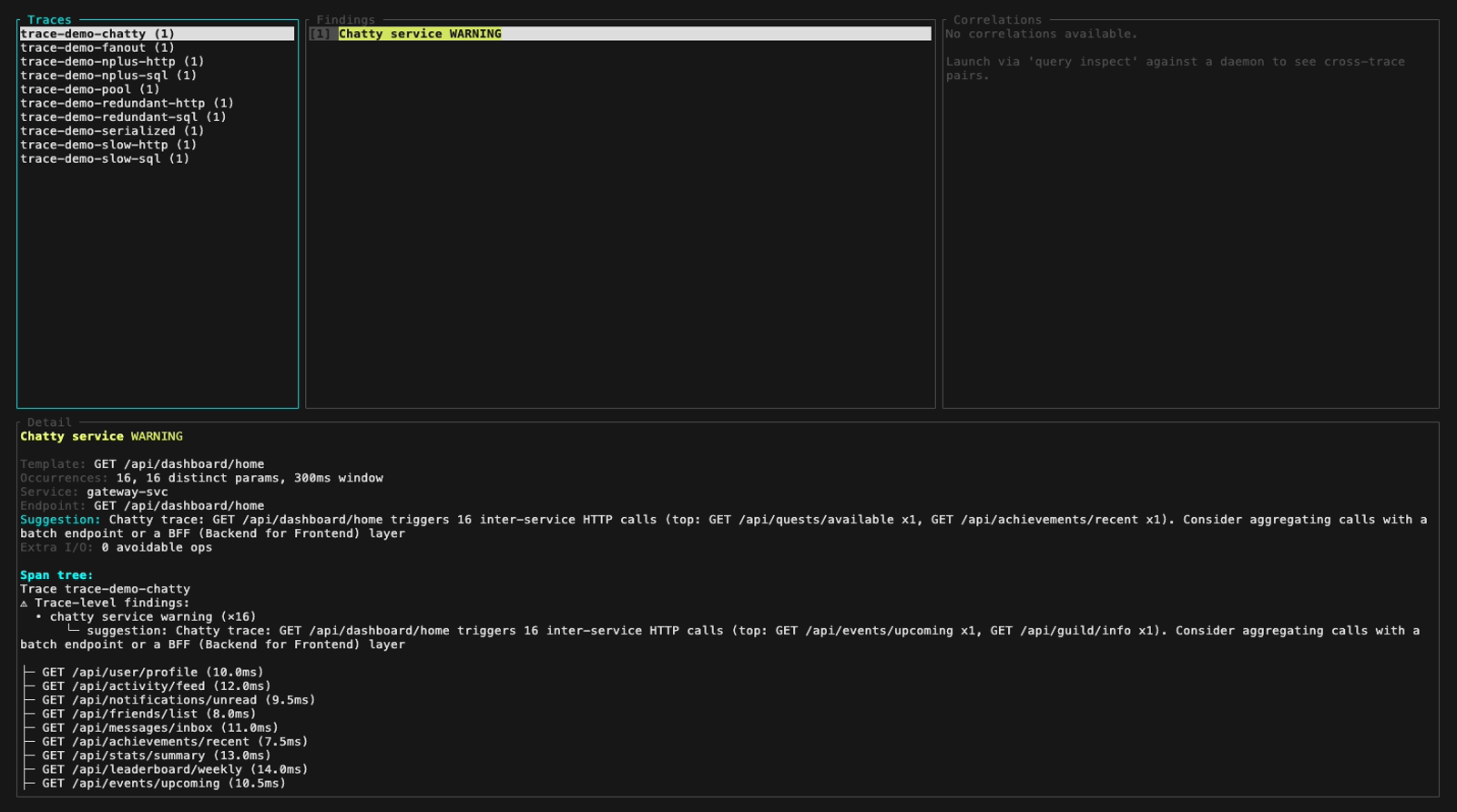 TUI inspect, vue initiale : service bavard warning (jaune)