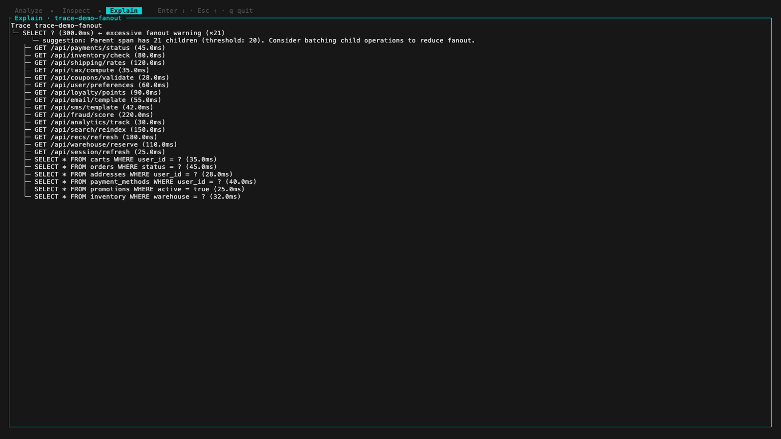 Explain view: a trace's full-screen annotated span tree