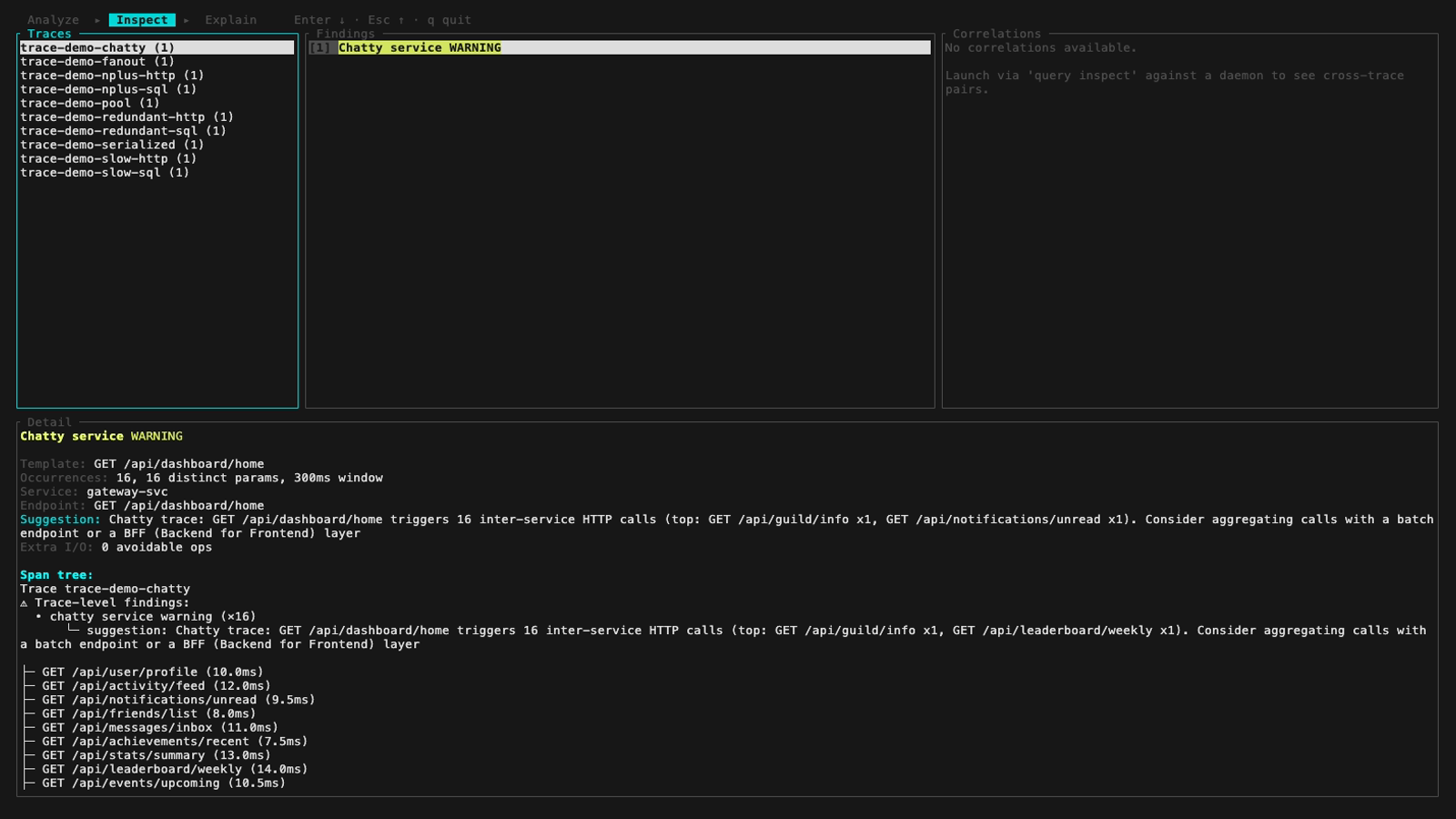 Inspect view: the four-panel browser, traces, findings, correlations and detail