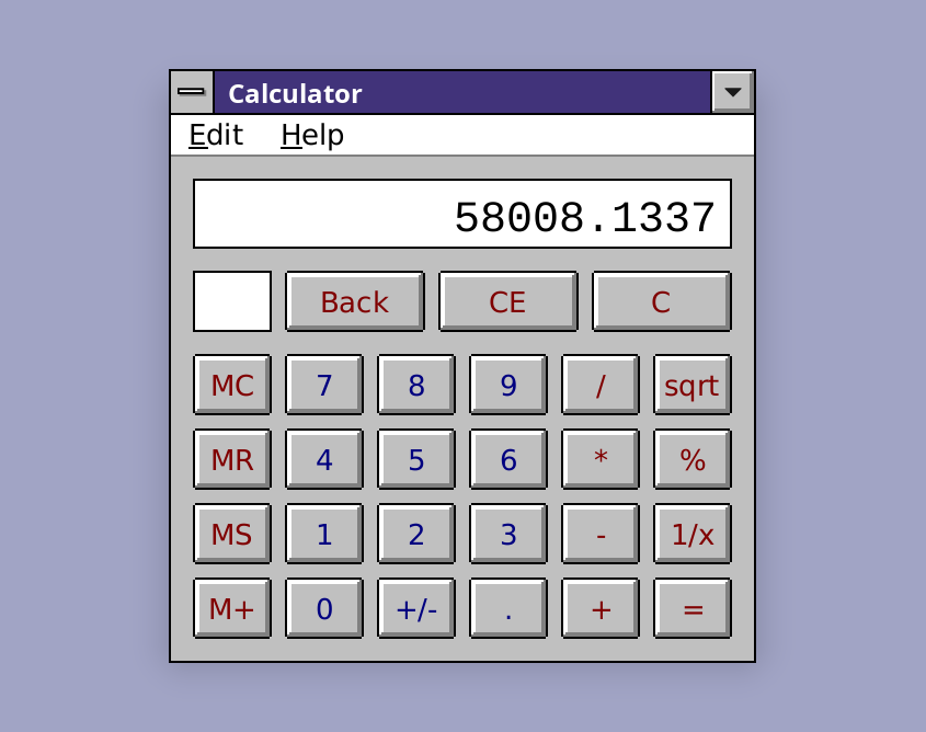 retrocalc: a Windows 3.1-styled calculator with blue digit keys and maroon function keys