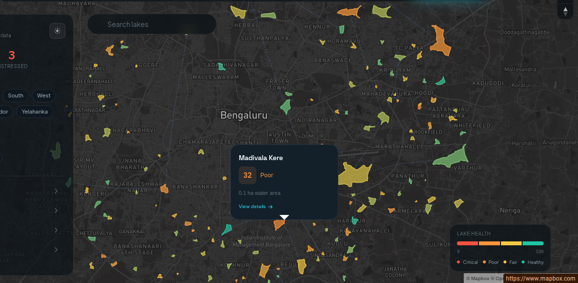 Lumina map dashboard — every lake in Bengaluru colored by live health score