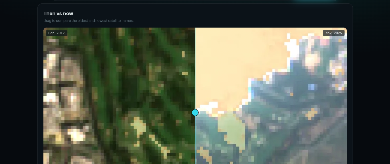 Then vs now — draggable comparison of 2017 and 2025 satellite frames