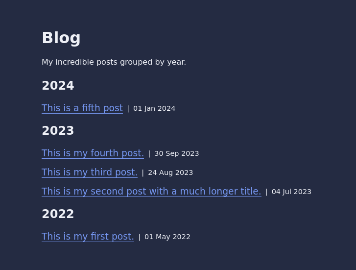 a blog page with the posts grouped by year from newest to oldest. there are 5 posts grouped into 3 groups: 2024, 2023, and 2022.