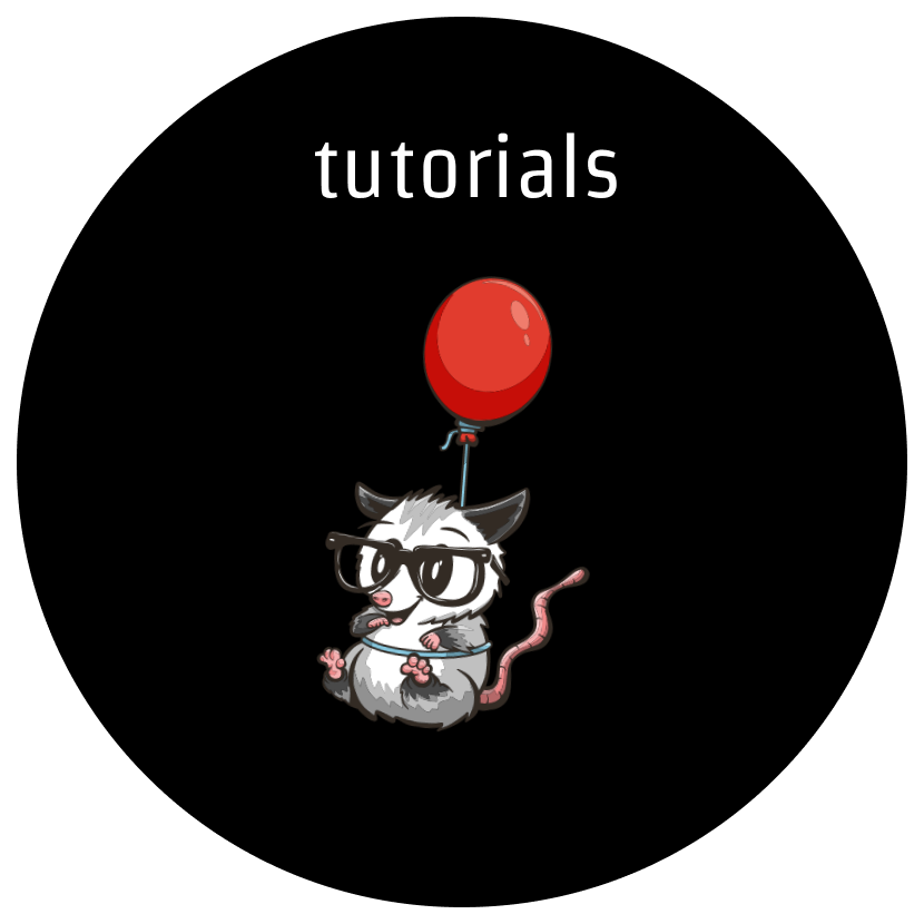 A cartoon possum is floating on a balloon with a black circle in the background and the text 'tutorials' above it
