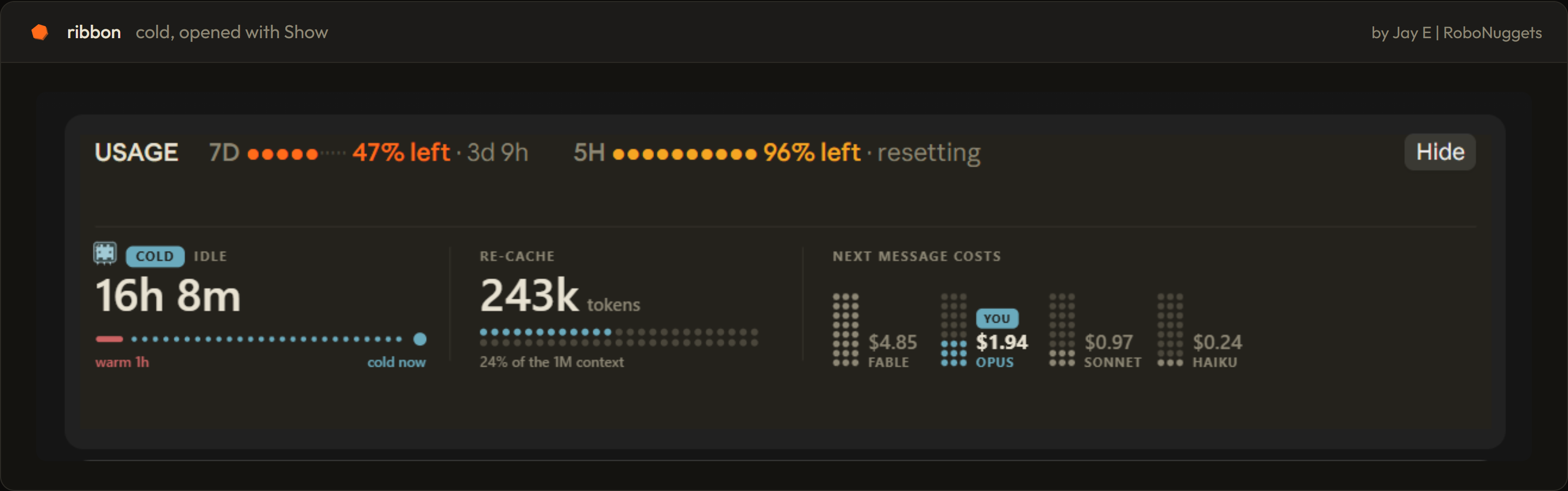 Cold cache card: 16h 8m idle, 243k tokens to re-cache, next message $1.94 on Opus