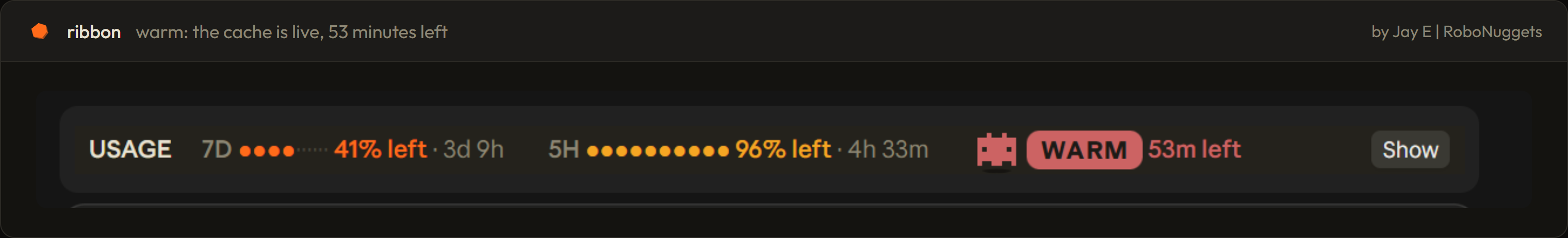 ribbon, one slim row: 7D 41% left, 5H 96% left, cache warm with 53 minutes left